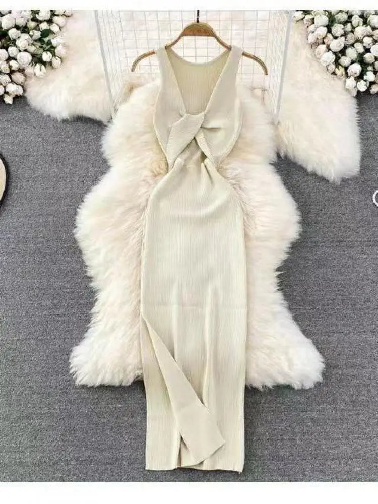 Korean Solid Knitted Split Long Dress Summer Women V Neck Sleeveless Kink Sexy Club Slim Bodycon Wrapped Hip Dress Vestidos Chic