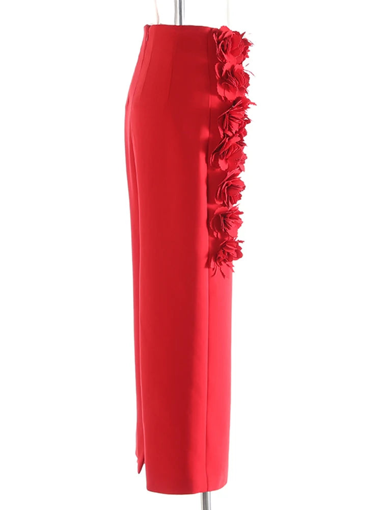 High Waist Red Three-dimensional Flower Elegant Midi Half-body Skirt Women Fashion Tide New Spring Autumn 2025 1DJ0914
