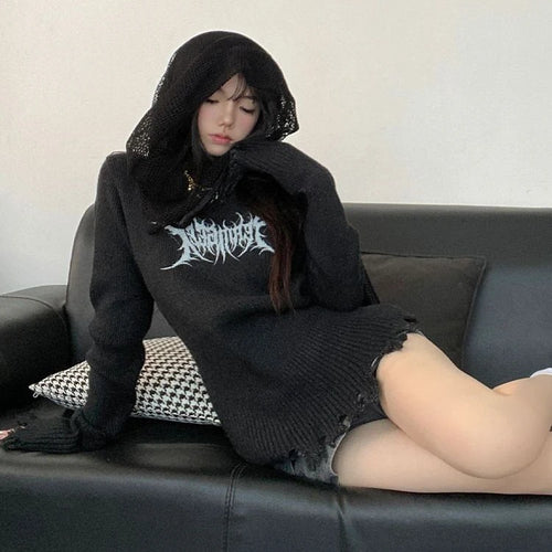 Load image into Gallery viewer, Harajuku Vintage Grunge Printing Sweaters Women Y2k Aesthetic Turtleneck Hole Jumpers 2025 Streetwear Casual Gothic Pullovers
