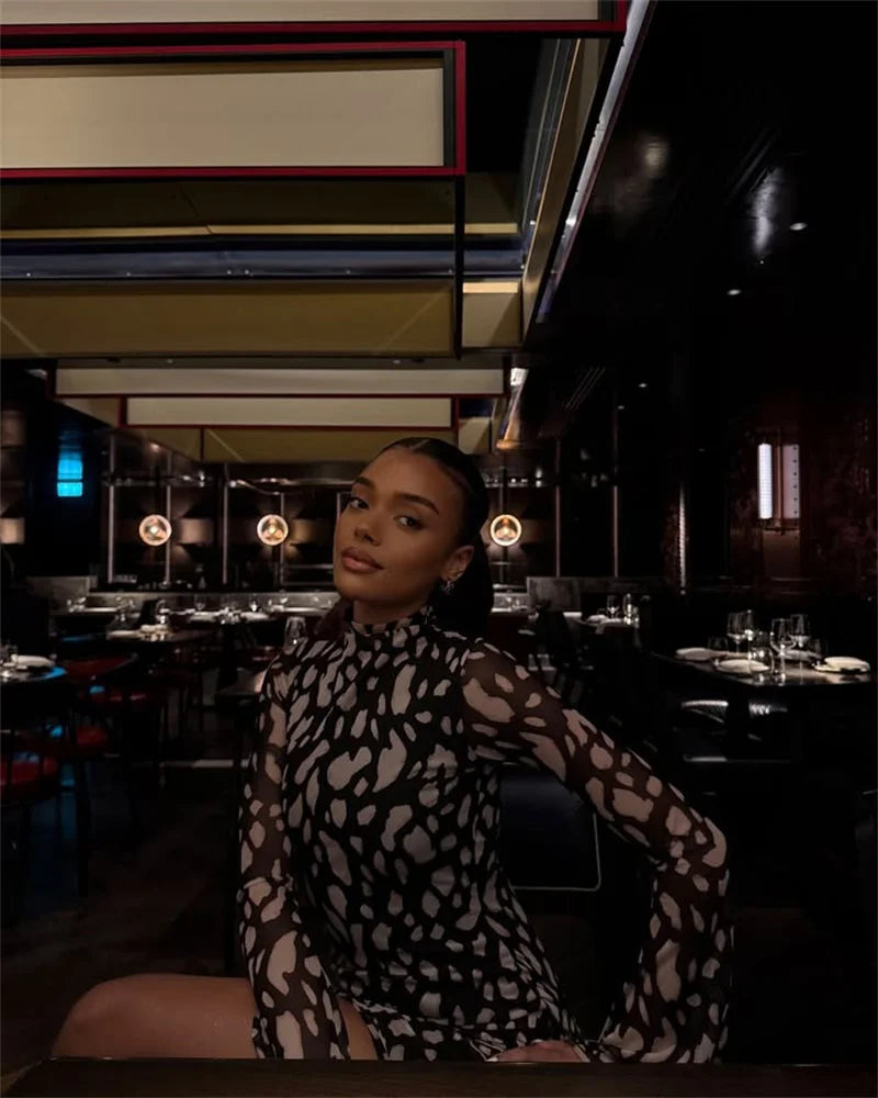 Summer Mesh Beach Sexy Mini Dress Women Robe Fashion Long Sleeve Draped Ruched Slim Print Vacation Club Dress Elegant