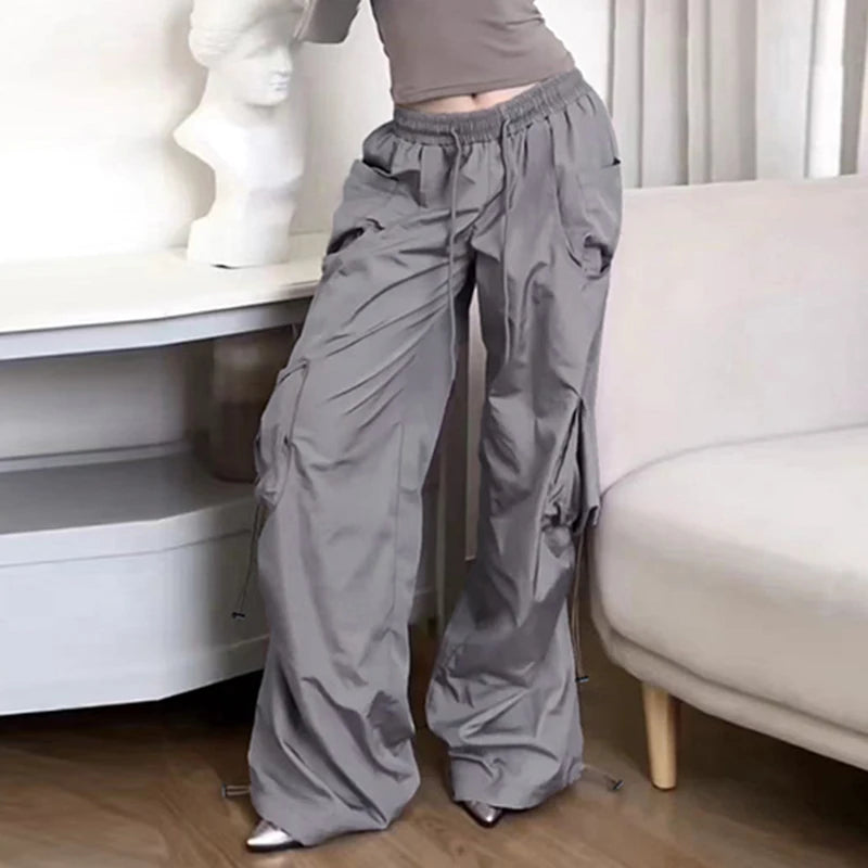 Harajuku Solid Drawstring Cargo Pants Female Streetwear Tech Pockets Draped Baggy Trousers Hip Hop Sweatpants Outfits