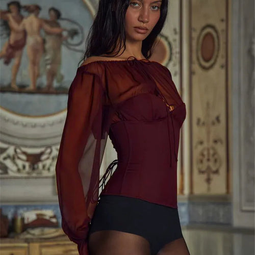 Load image into Gallery viewer, Wine Red Chiffon Long Sleeve Sexy T-shirt Women Fashion Elegant Lace-up Backless High Waist T-shirts Tops Loose Tees
