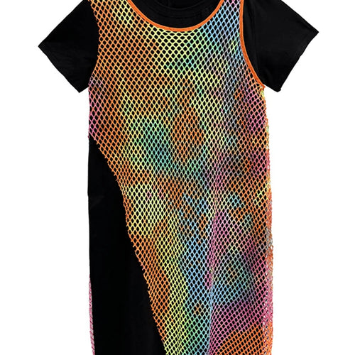 Load image into Gallery viewer, Women Green Colorful Spliced Big Size Midi Dress New Round Neck Short Sleeve Fashion Tide Spring Summer 2025 1DJ1155
