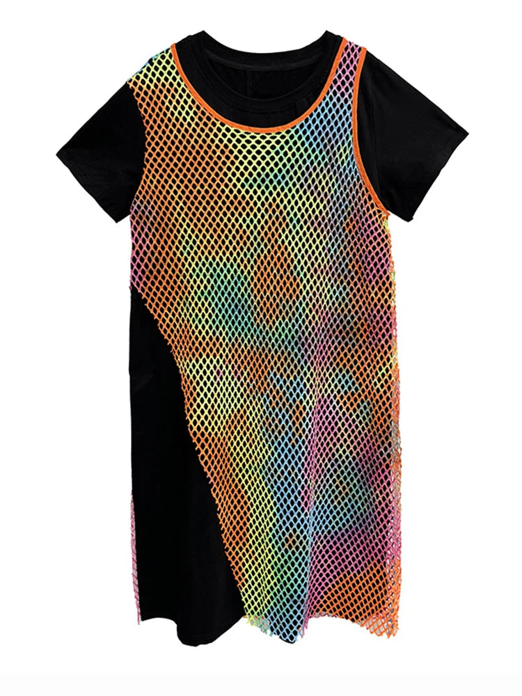 Women Green Colorful Spliced Big Size Midi Dress New Round Neck Short Sleeve Fashion Tide Spring Summer 2025 1DJ1155