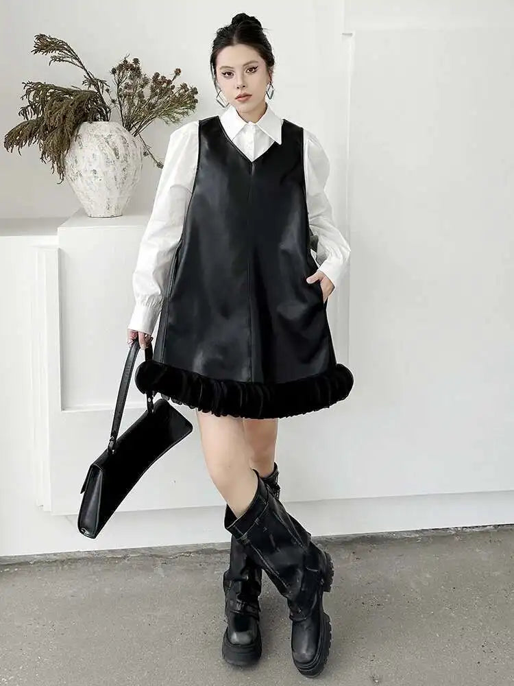 Black Leather Mesh Dress Shirt Two Pieces Suit New Lapel Long Sleeve Women Fashion Tide Spring Autumn 2025 1DH9256