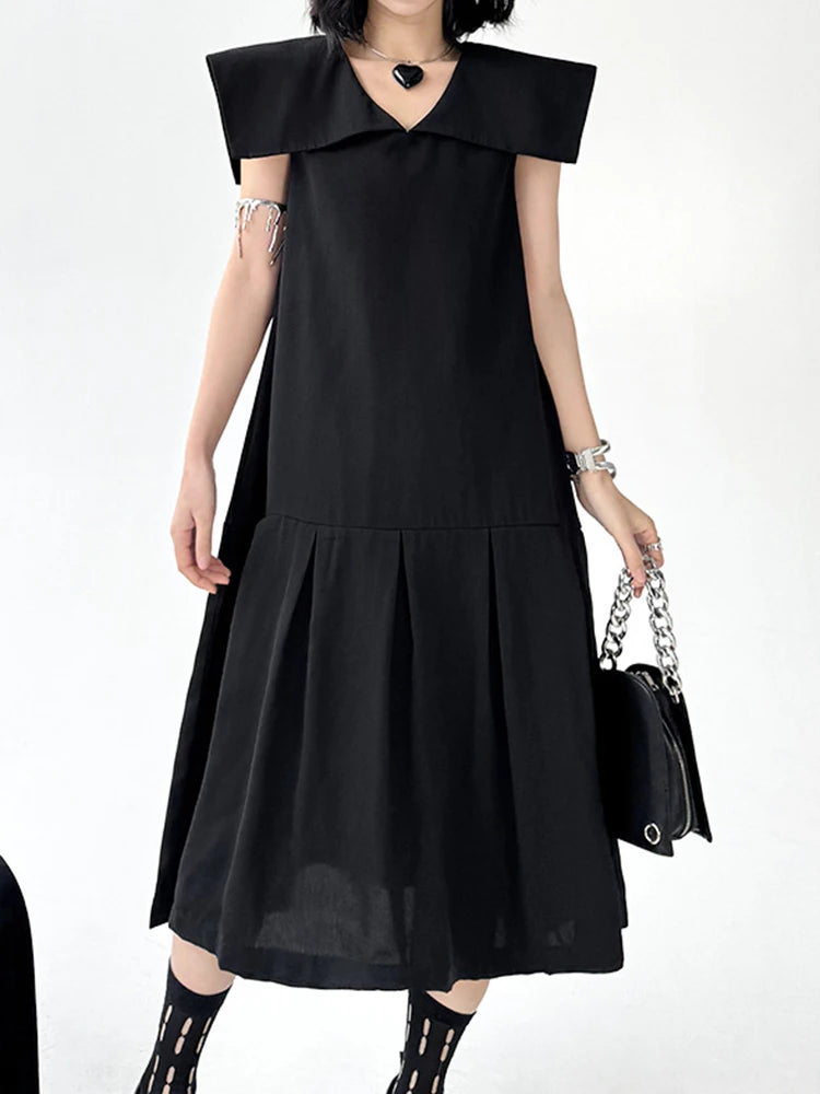 Women Black Brief Pleated Elegant Midi A-line Dress New Sailor Collar Sleeveless Fashion Tide Spring Summer 2025 1DJ1163