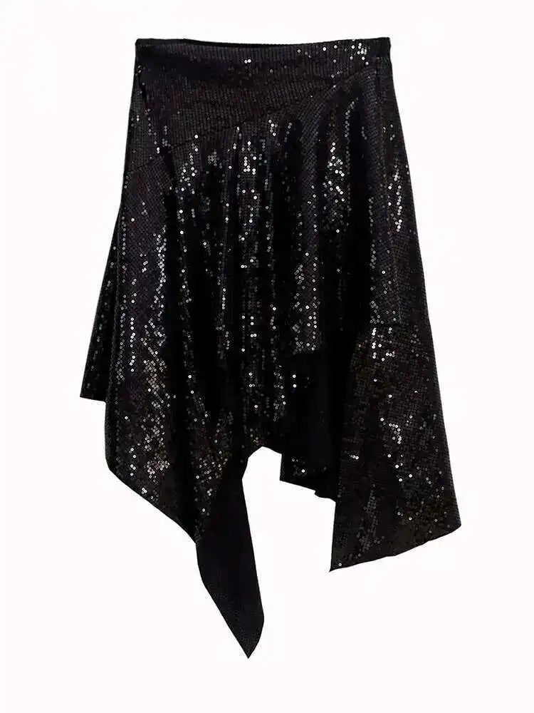 High Waist Black Asymmetrical Hem Sequins Shining Mini Half-body Skirt Women Fashion Tide New Spring Summer 2025 1DH6944