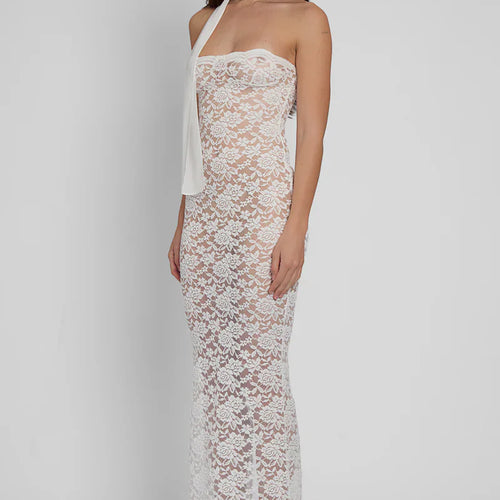 Load image into Gallery viewer, Lace See Through Sexy Midi Dress For Women Fashion Off-shoulder Strapless Sleeveless Backless Bodycon Club Party Dress
