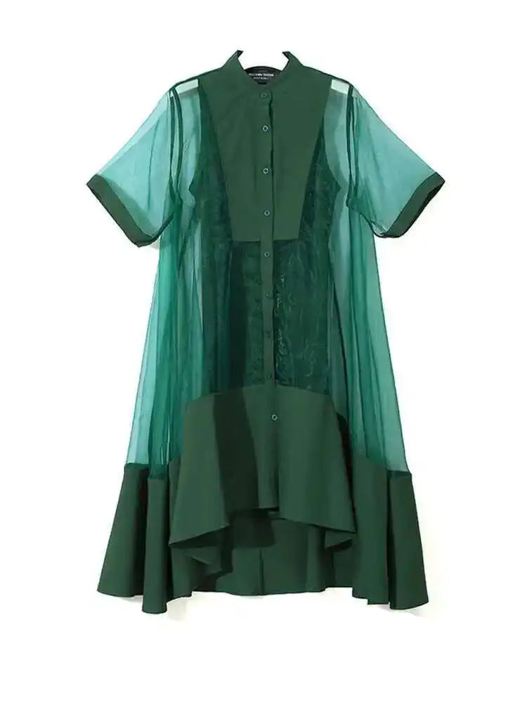 Women Green Organza Irregular Shirt Dress New Stand Collar Half Sleeve Loose Fit Fashion Tide Spring Summer 2025 JT581