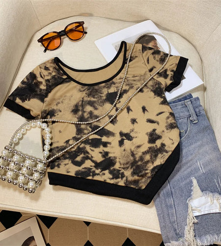 Summer Retro Women Patchwork Round-neck Short-sleeve Ink Painting T-shirt Bohemian Holiday Irregular Slim Short Tops Y2k Fashion