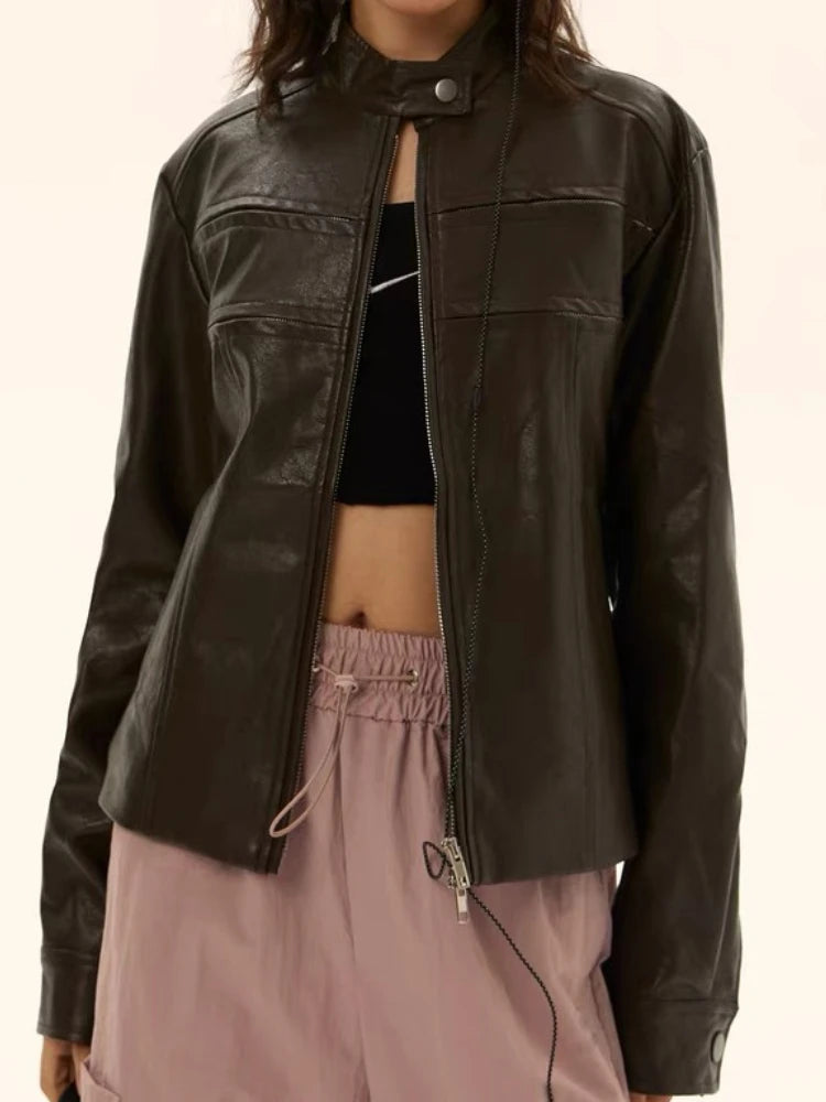 Autumn Harajuku Vintage Bomber Jacket Women Clothes Streetwear Casual Outwear 2025 Ropa Mujer Loose PU Coat Y2k Aesthetic Tops