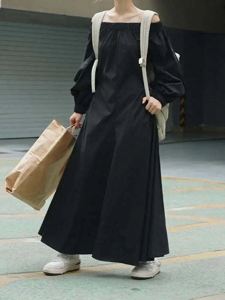 Women Black Brief Long Elegant Dress New Slash Neck Long Puff Sleeve Loose Fit Fashion Tide Spring Autumn 2025 1DF9947