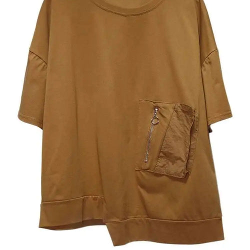 Load image into Gallery viewer, Women White Irregular Pocket Big Size Casual T-shirt New Round Neck Short Sleeve Fashion Tide Spring Summer 2025  1DJ0620
