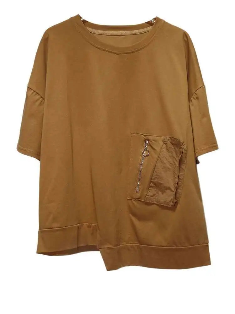 Women White Irregular Pocket Big Size Casual T-shirt New Round Neck Short Sleeve Fashion Tide Spring Summer 2025  1DJ0620