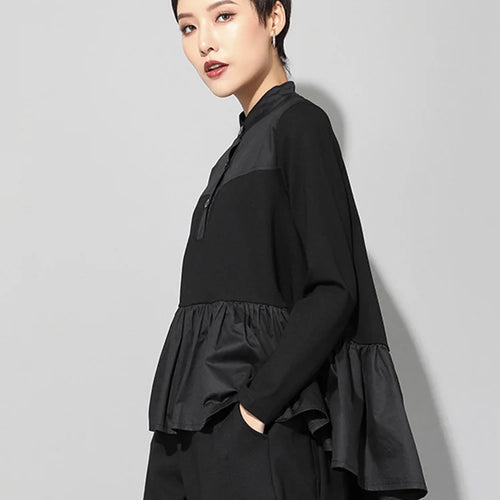 Load image into Gallery viewer, Women Black Pleated Ruffes Irregular Big Size T-shirt New Stand Collar Long Sleeve Fashion Tide Spring Autumn 2025 JQ016
