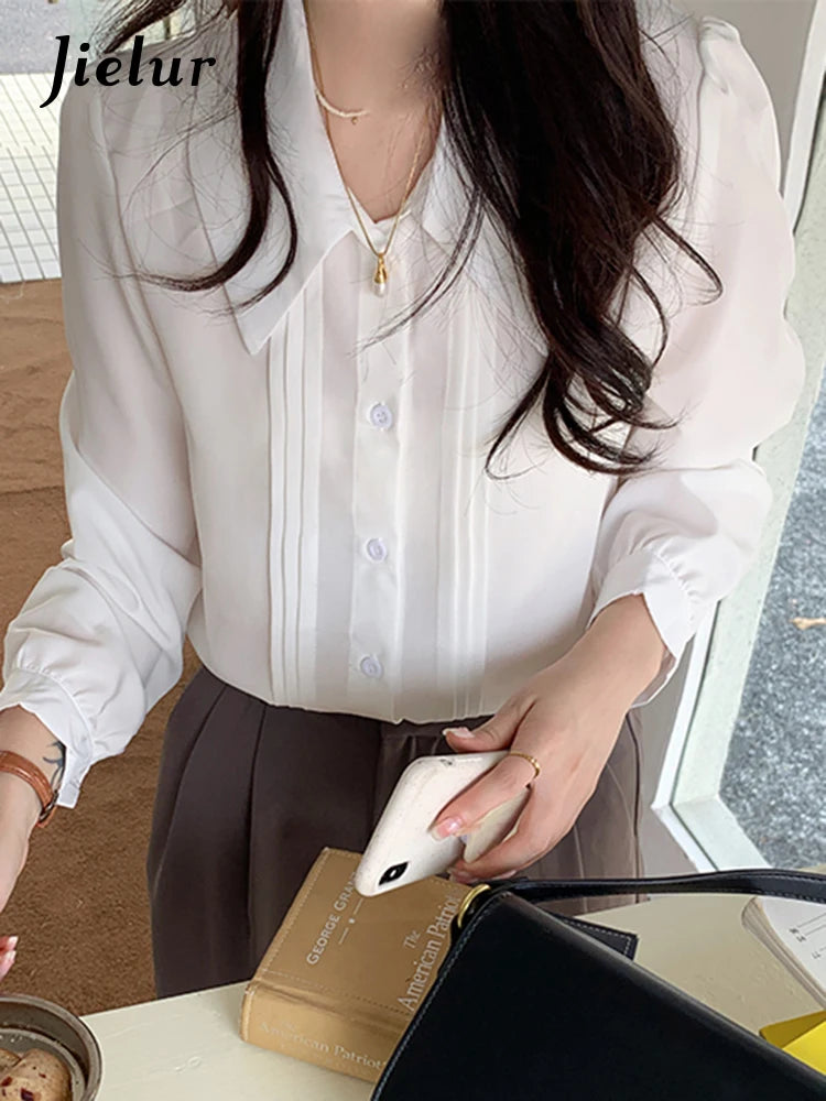 French Style White Chic Women's Shirts Office Lady Single Breasted Straight Loose Solid Color Fashion Female Streetwear