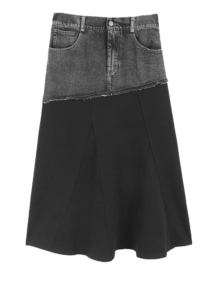 High Elastic Waist Gray Denim Color-block A-line Half-body Skirt Women Fashion Tide New Spring Autumn 2025 1DJ0889