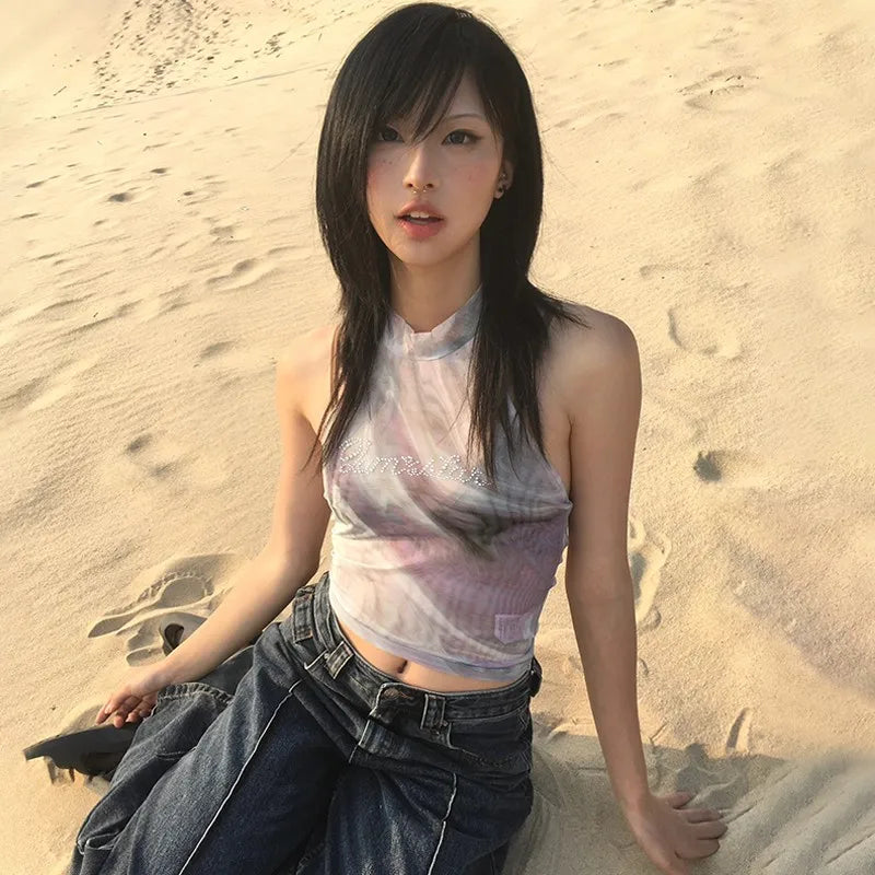 Japanese Y2k Halter Tops Vintage 2000s Style Diamond Tank Top Harajuku Tie-dye Backless Crop Top Korean Popular Tanktop