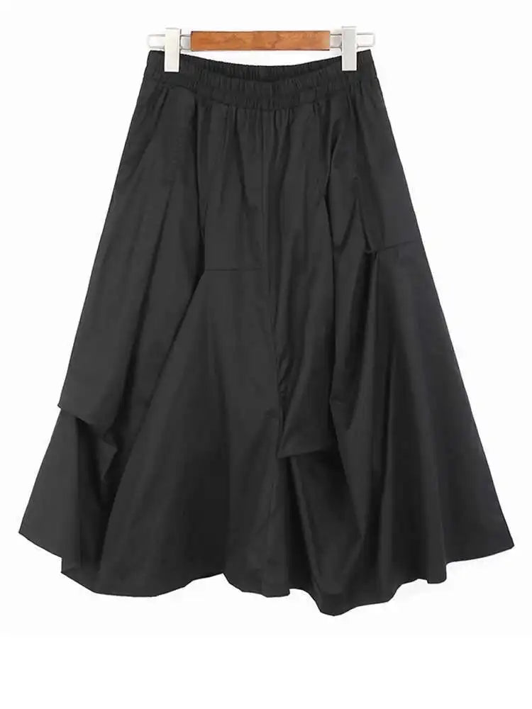 High Elastic Waist Black Irregular Pleated Casual Midi Half-body Skirt Women Fashion Tide New Spring Autumn 2025 1DJ0124