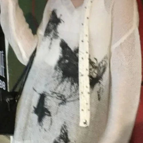 Load image into Gallery viewer, Harajuku Vintage Grunge Butterfly Printing Pullovers Women Y2k Aesthetic See Through Jumpers Streetwear Girl Oversized Sweaters

