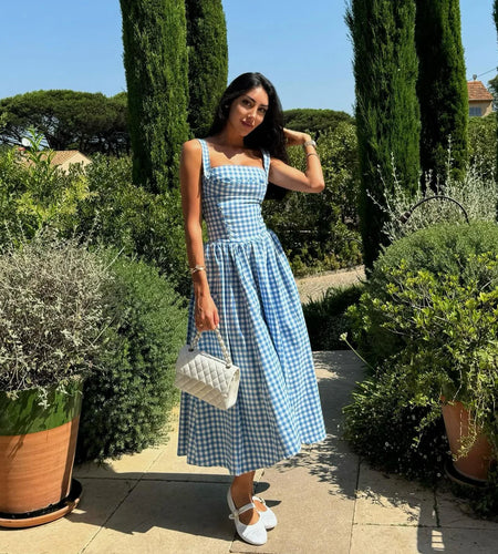Summer Elegant and Beautiful Women Dresses 2024 Midi Blue and White Plaid Dress with Pocket Female Vacation Dress