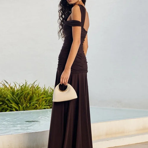 Load image into Gallery viewer, One Shoulder Split Sexy Maxi Dress Women Gown Fashion Inclined Shoulder Sleeveless Backless Club Party Pleated Dress
