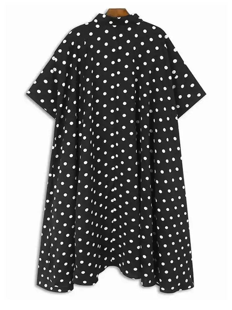 Women Black Dot Printed Irregular Hem Big Size Blouse New Lapel Short Sleeve Shirt Fashion Tide Spring Summer 2025 1DH6310