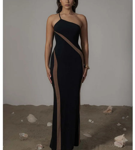 Elegant One Shoulder Mesh Patchwork Long Dress Women Bodycon Sexy Backless Evening Dress Tight Party Club Vestidos 2024