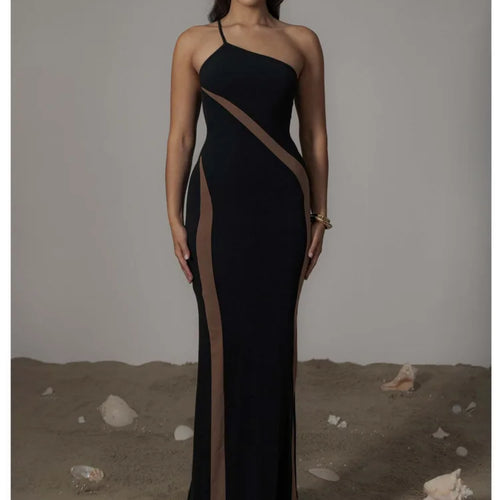 Load image into Gallery viewer, Elegant One Shoulder Mesh Patchwork Long Dress Women Bodycon Sexy Backless Evening Dress Tight Party Club Vestidos 2024
