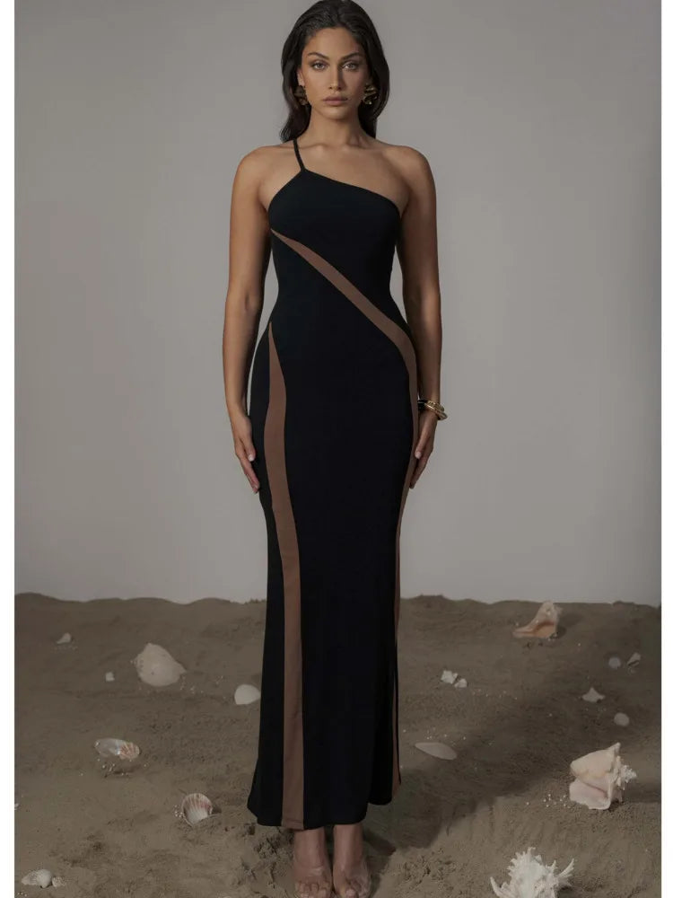 Elegant One Shoulder Mesh Patchwork Long Dress Women Bodycon Sexy Backless Evening Dress Tight Party Club Vestidos 2024