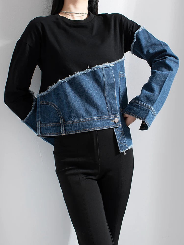 streetwear Asymmetrical sweatshirt for women round neck long sleeve patchwork denim colorblock sweatshirts females