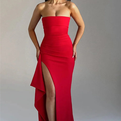Load image into Gallery viewer, Strapless Backless High Split Maxi Dress Women Fashion Off-shoulder Sleeveless Bodycon Club Party Long Dress Elegant
