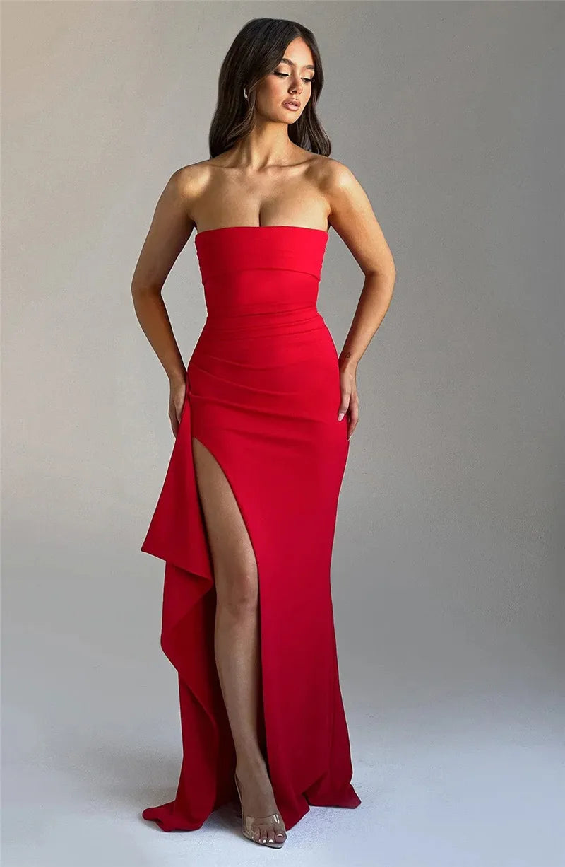 Strapless Backless High Split Maxi Dress Women Fashion Off-shoulder Sleeveless Bodycon Club Party Long Dress Elegant