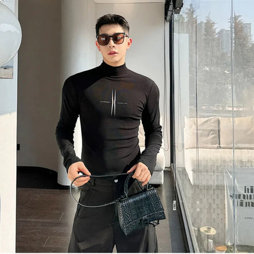 Load image into Gallery viewer, Elastic Close-fitting Men&#39;s Printing Long Sleeve T-shirts Korean Fashion Male Niche Design Mock Neck Spring 9C3706
