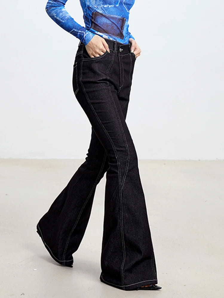 Solid Slimming Casual Denim Pants For Women High Waist Spliced Button Minimalist Temperament Flare Jeans Female