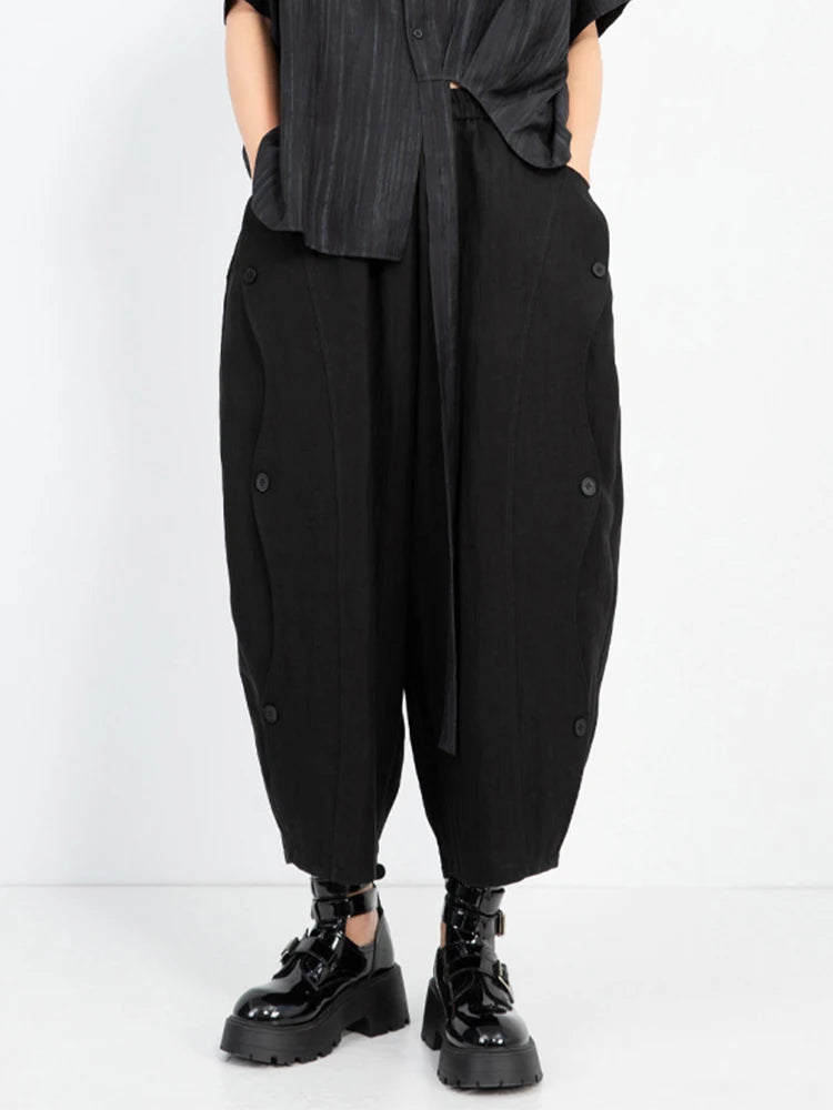High Elastic Waist Black Side Button Shaped Long Wide Leg Pants New Trousers Women Fashion Tide Spring Autumn 2025 1DJ0983