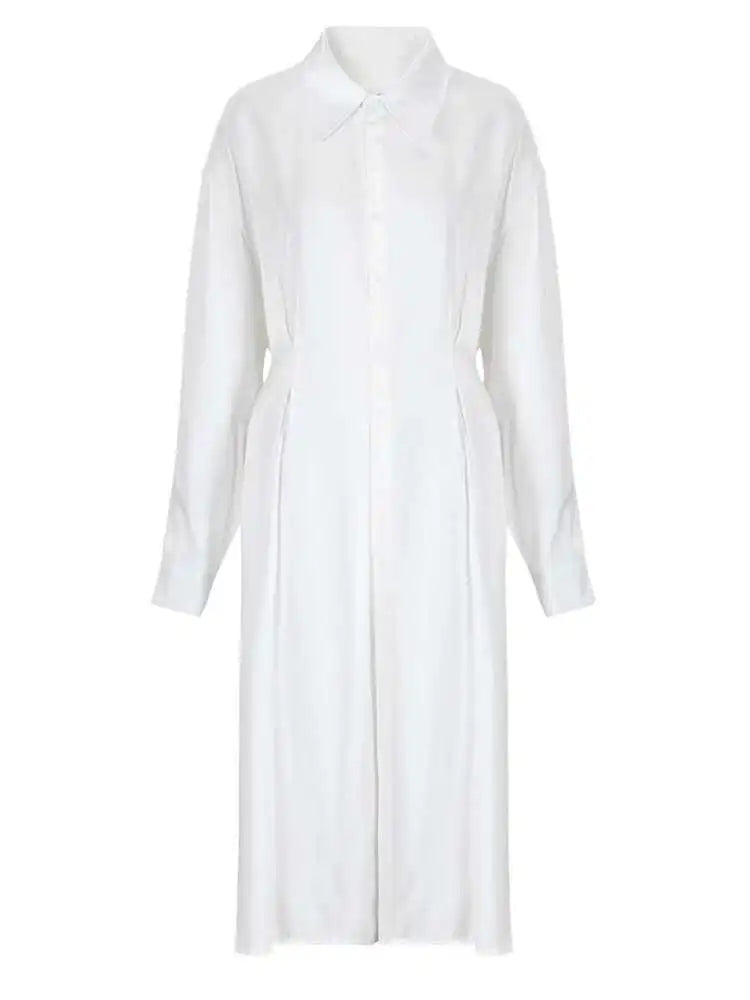 Women White Big Size Pleated Long Blouse New Lapel Long Sleeve Loose Fit Shirt Fashion Tide Spring Autumn 2025 CPG0522