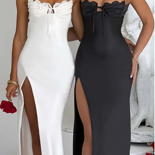 Load image into Gallery viewer, Sexy V-neck Strap High Split Satin Dress For Women Bodycon Lace Up Vesidos 2023 Autumn Slim Party Evening Dress Female
