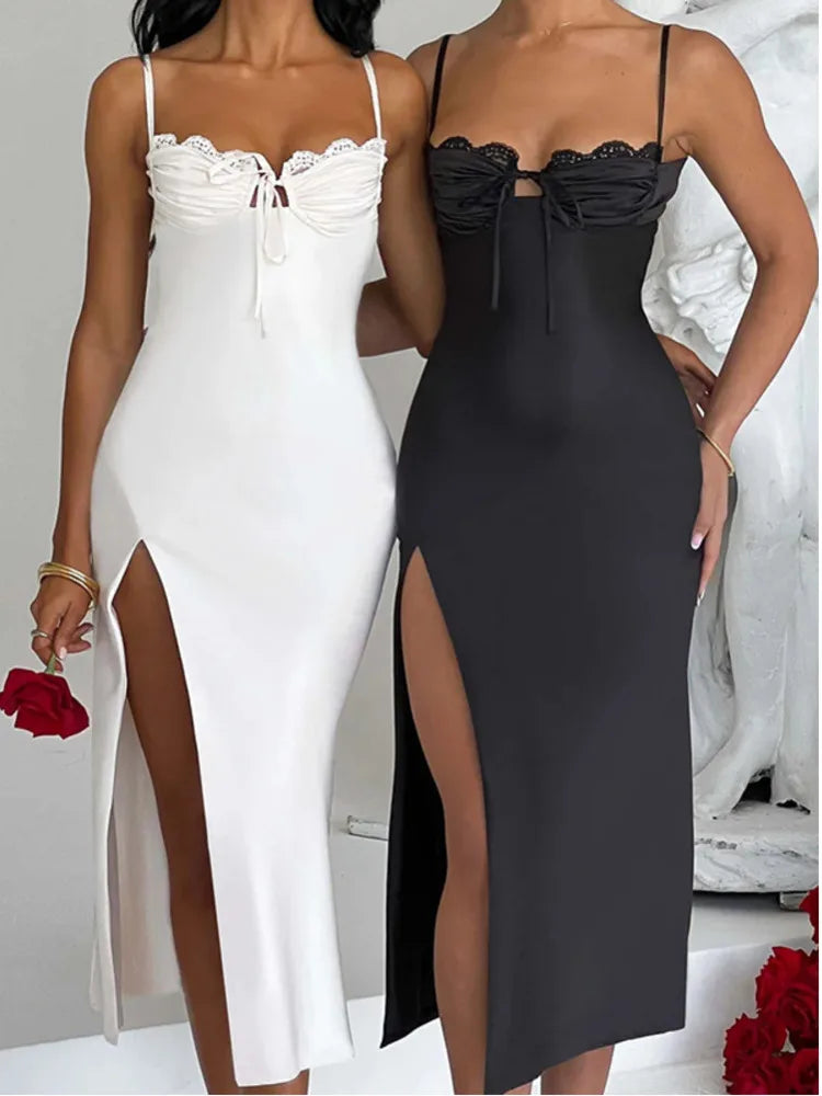 Sexy V-neck Strap High Split Satin Dress For Women Bodycon Lace Up Vesidos 2023 Autumn Slim Party Evening Dress Female