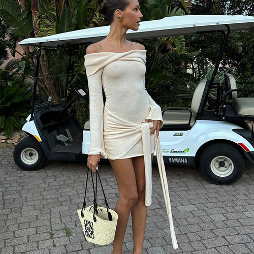 Load image into Gallery viewer, Off-shoulder Knit Mini Dress For Women Autumn Winter New Strapless Backless Long Sleeve Ruched Draped Knitted Dress
