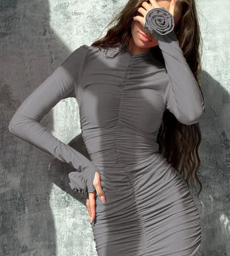 Solid Turtleneck Long Sleeve Ruched Tie Flowers Pleated Sexy Mini Dress Autumn Women Elegant Y2K Outfit Birthday Party