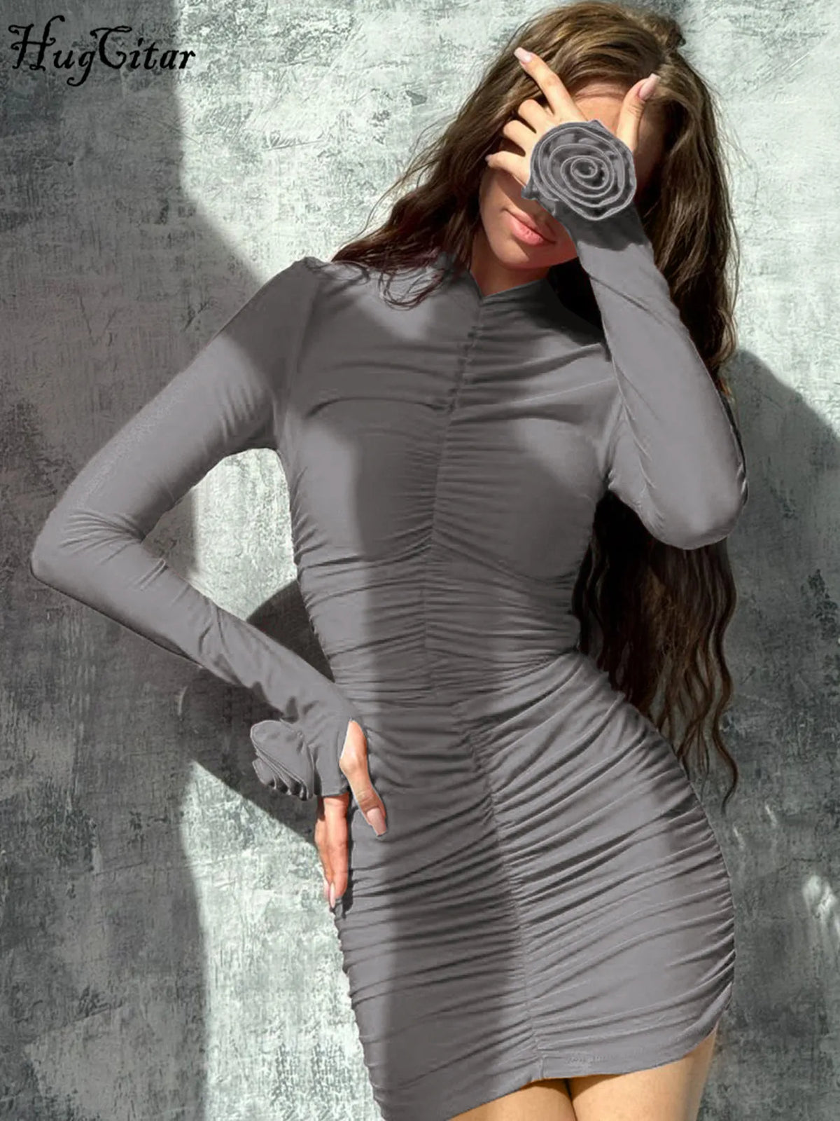 Solid Turtleneck Long Sleeve Ruched Tie Flowers Pleated Sexy Mini Dress Autumn Women Elegant Y2K Outfit Birthday Party