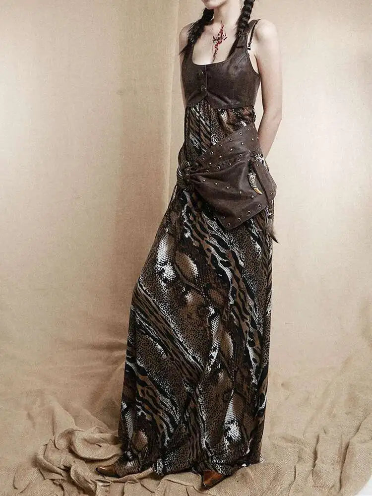 Women Coffee Leopard Printed Long Spaghetti Strap Dress New Square Collar Sleeveless Fashion Spring Autumn 2025 1DH8446