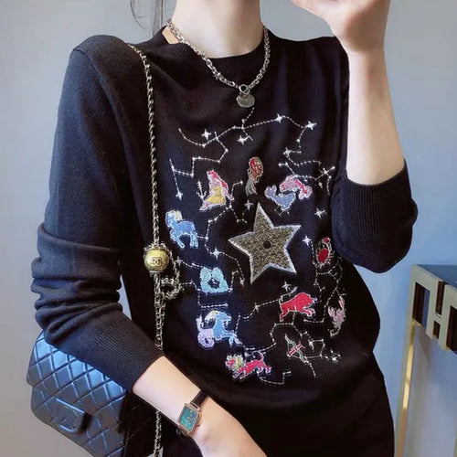 Load image into Gallery viewer, Embroidered Star Women&#39;s Sweater Autumn Winter O-neck Japanese Fashion Pullover Slim Knitted Long-sleeved Tops C-073
