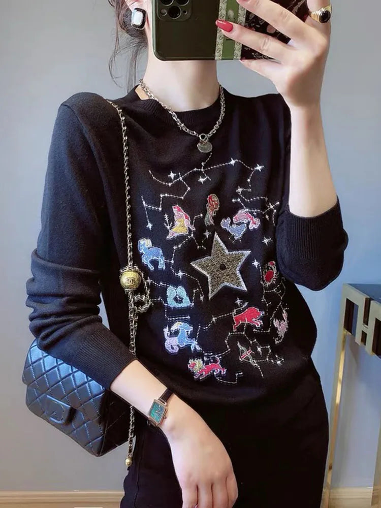 Embroidered Star Women's Sweater Autumn Winter O-neck Japanese Fashion Pullover Slim Knitted Long-sleeved Tops C-073