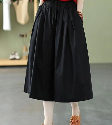 Summer Women's Black Green Brown High Waist Drawstring Lace-up Plus Size Loose Pleated Wide Leg Seven Point Pants Casual Fashion