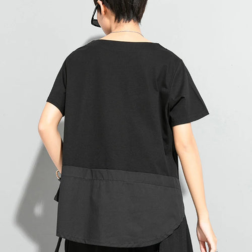 Load image into Gallery viewer, Women Black Pocket Irregular Hem Big Size Casual T-shirt New Round Neck Short Sleeve Fashion Spring Summer 2025 1DJ1791
