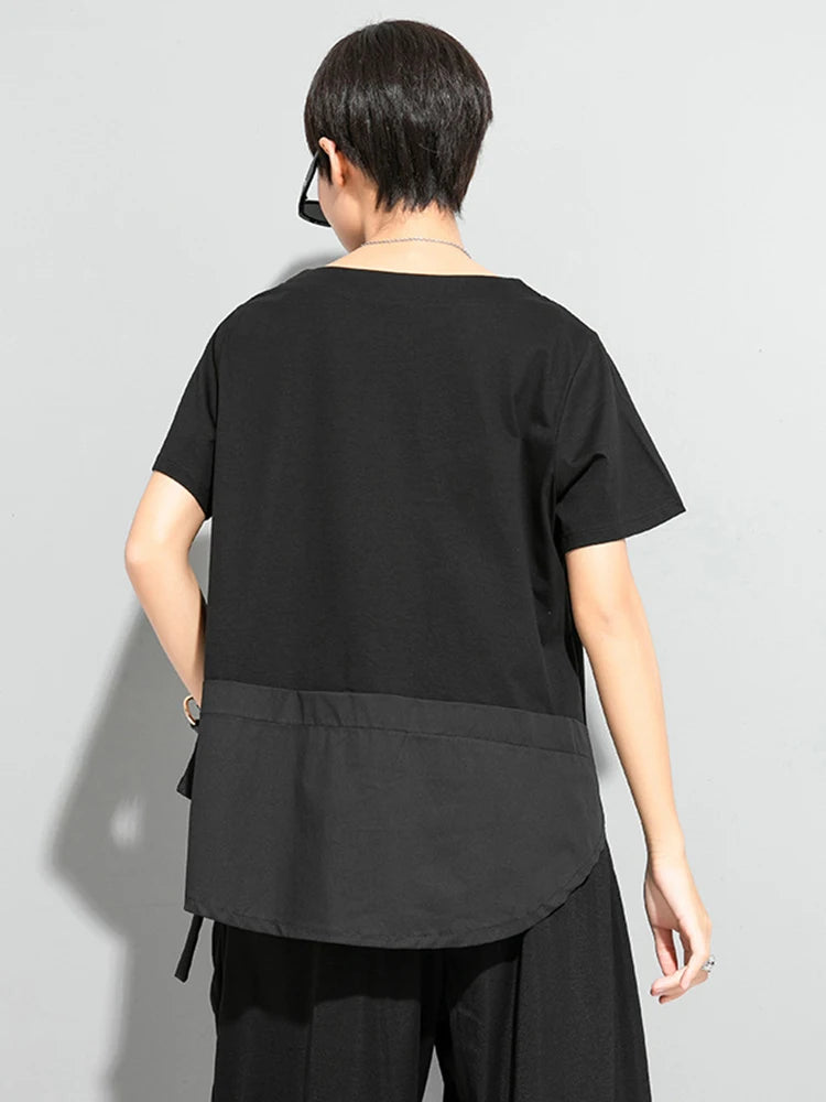 Women Black Pocket Irregular Hem Big Size Casual T-shirt New Round Neck Short Sleeve Fashion Spring Summer 2025 1DJ1791