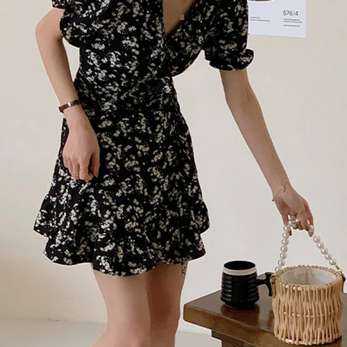 Load image into Gallery viewer, Summer Black Slim Waist Floral Dress French Style V-neck Chiffon Fashion Elegant Female Evening Dresses Chic Office Lady
