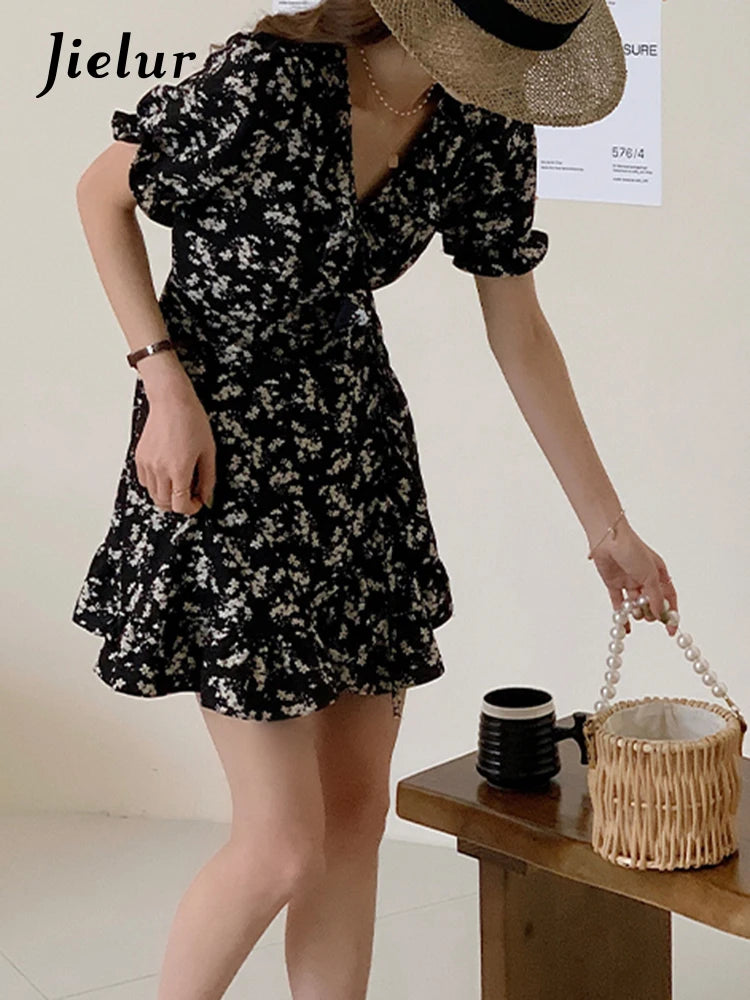 Summer Black Slim Waist Floral Dress French Style V-neck Chiffon Fashion Elegant Female Evening Dresses Chic Office Lady